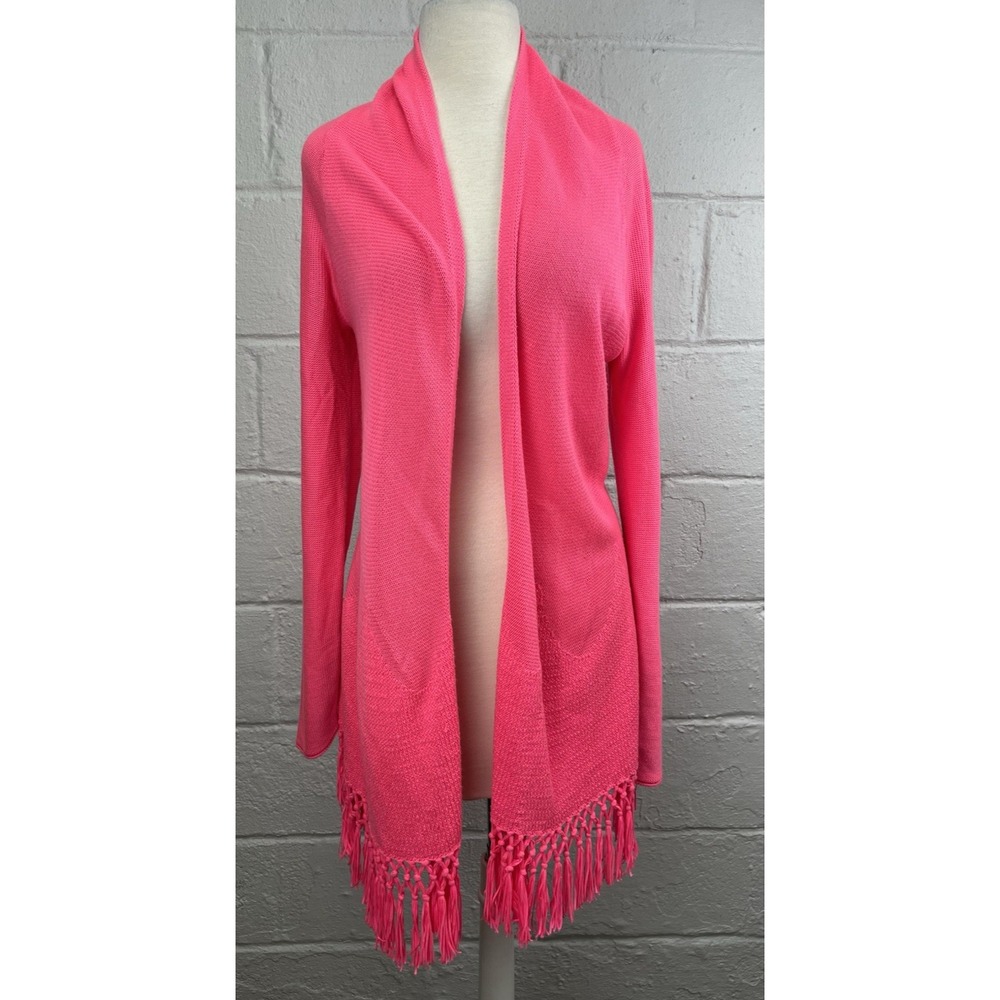 Lilly Pulitzer Tatum Cardigan Sweater Large Hot Pink Tassel Fringe Open Boho